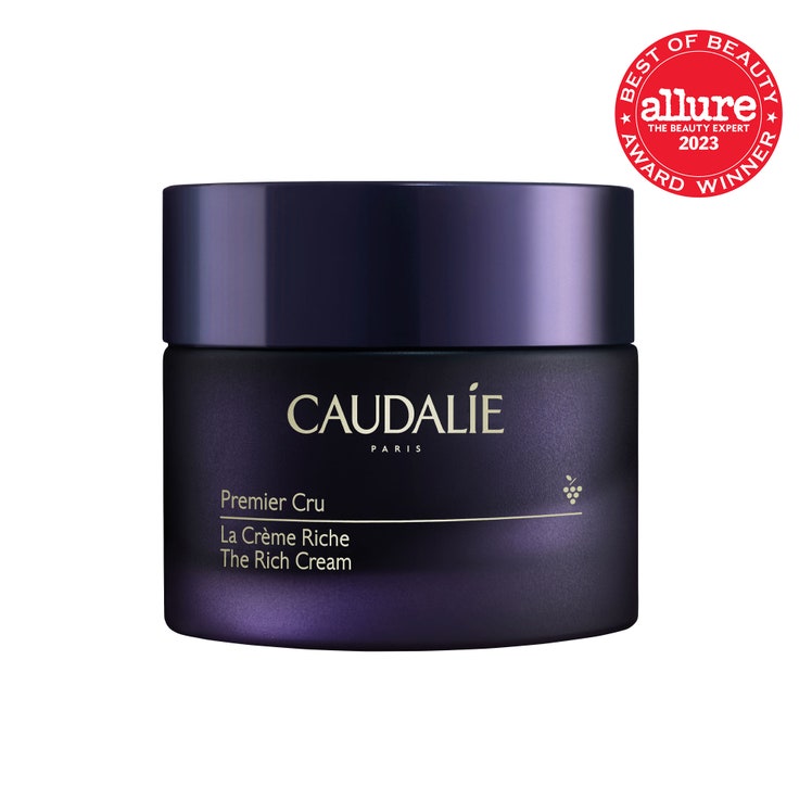 Caudalie Premier Cru The Rich Cream dark purple jar on white background with red Allure BoB seal in the top right corner