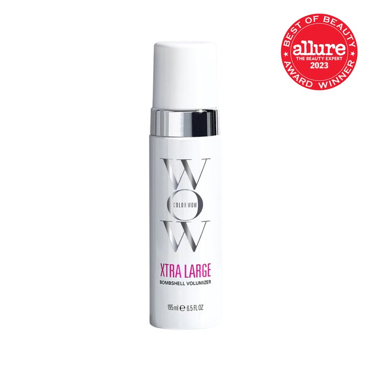 Color Wow Xtra Large Bombshell Volumizer white bottle with silver and white cap on white background with red Allure BoB...