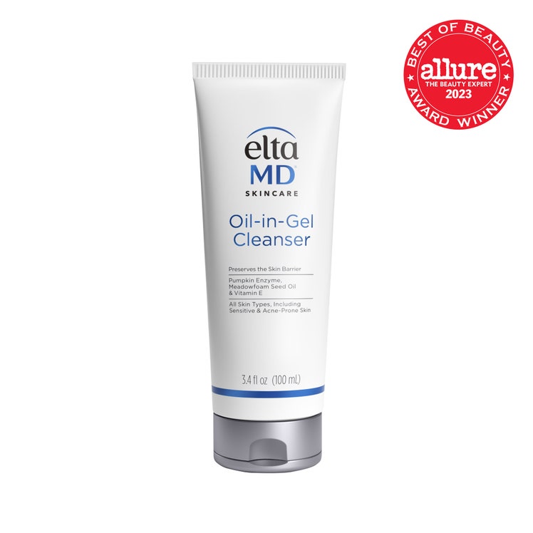 EltaMD OilinGel Cleanser white tube on white background with red Allure BoB seal in the top right corner