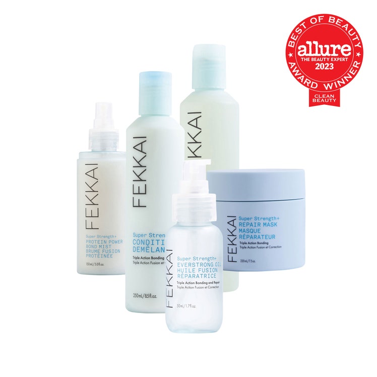 Fekkai Super Strength Collection four light blue bottles and one blue jar on white background with red Allure BoB seal...
