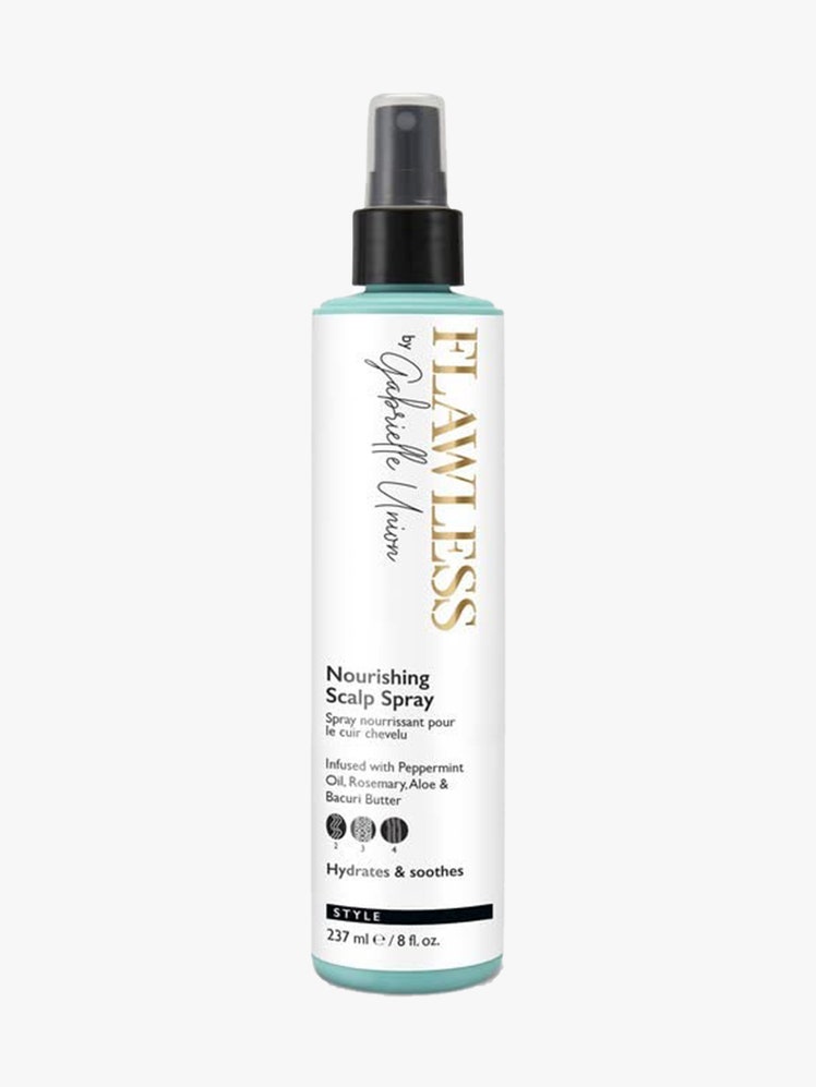 Flawless by Gabrielle Union Nourishing Scalp Spray mint spray bottle with white label on light gray background