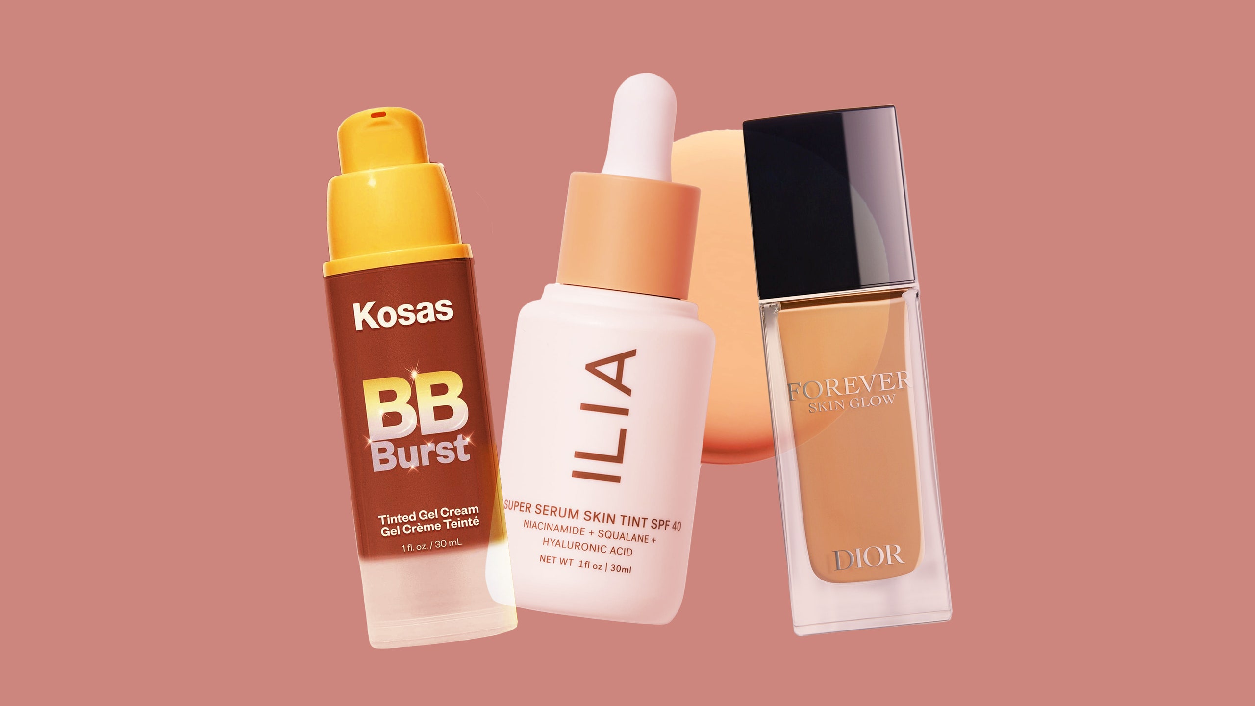 3 cosmetic items overlapping on a beige background. From left to right brown container with yellow cap white bottle with...