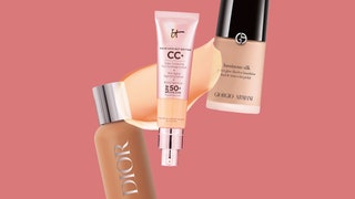 3 cosmetic items overlapping on a pink background. From top to bottom Beige bottle with black cap squeezable tube with...