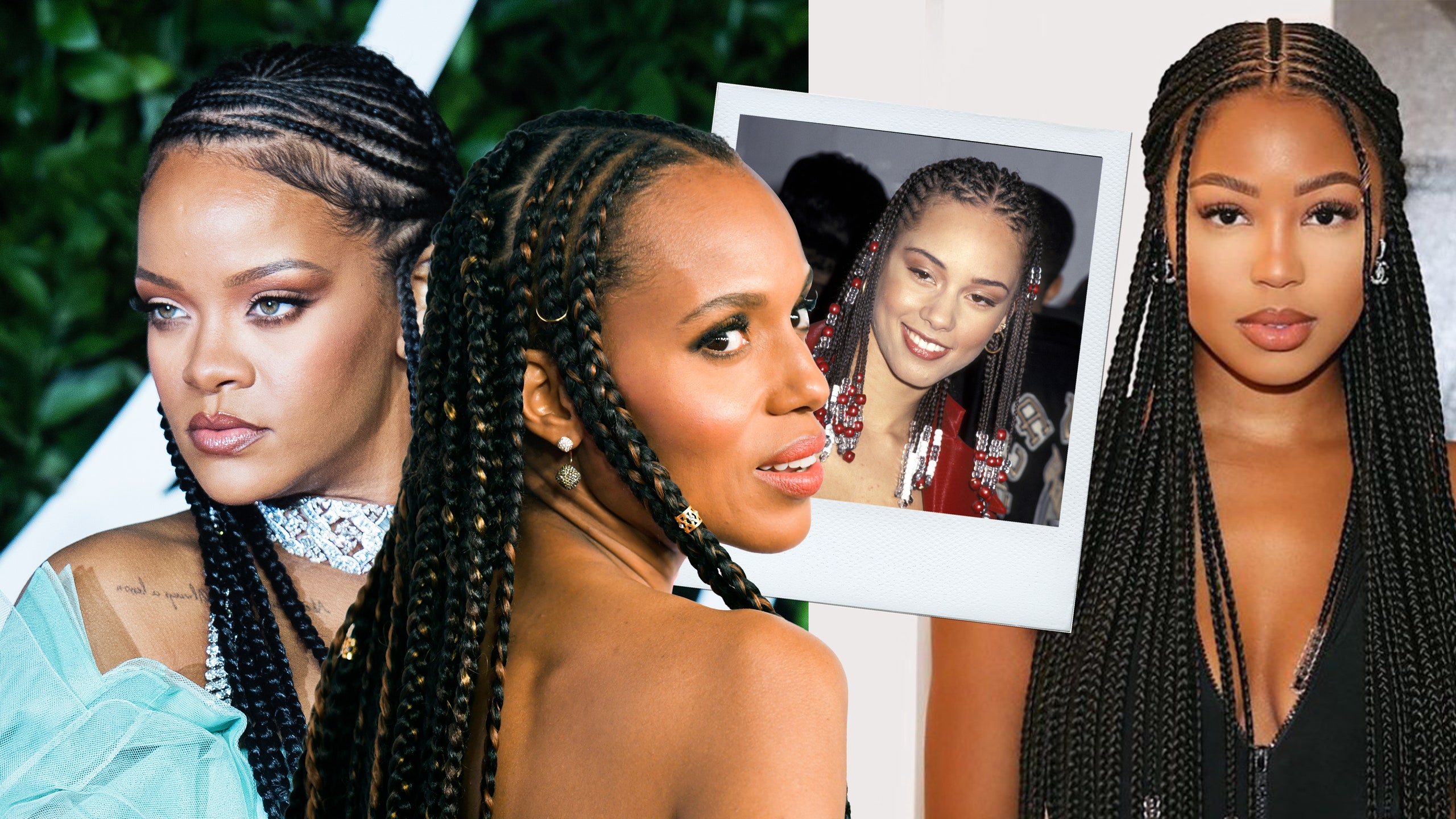 Collage of Rihanna Kerry Washington and Alicia Keys wearing Fulani Braids