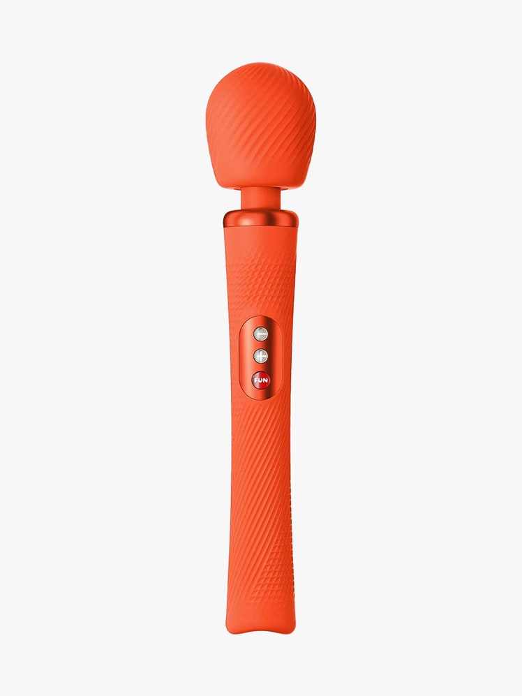 Orange Fun Factory Vim wand vibrator on a light gray background