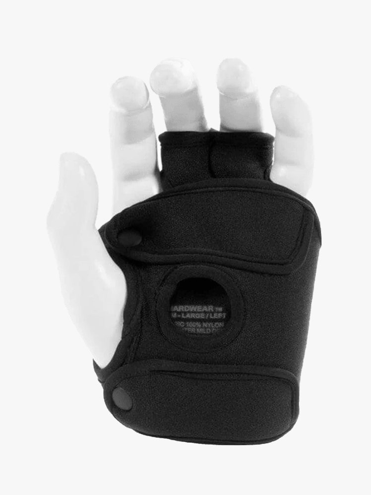 La Palma Hand Harness white hand mannequin wearing a black harness glove on light gray background