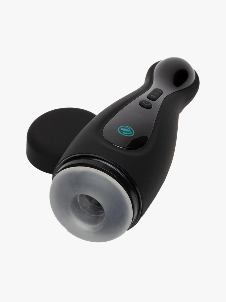 Lovehoney Blowmotion Suction Vibrating Male Masturbator black suction masturbation tool on light gray background