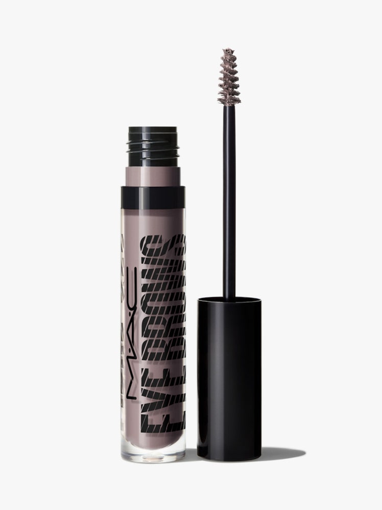 Mac Eye Brows Big Boost Gel tube and applicator on light grey background