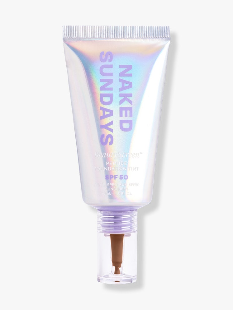 Naked Sundays BeautyScreen Peptide Foundation Tint SPF50 holographic tube of tinted moisturizer on light gray background