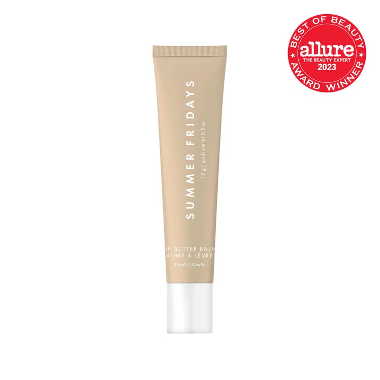 Summer Fridays Lip Butter Balm tan tube with white cap on white background with red Allure BoB seal in the top right corner