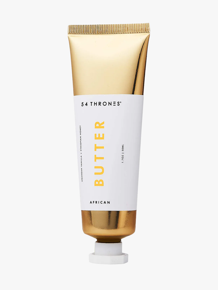 54 Thrones African Beauty Butter in branded gold tube with white cap on light gray background
