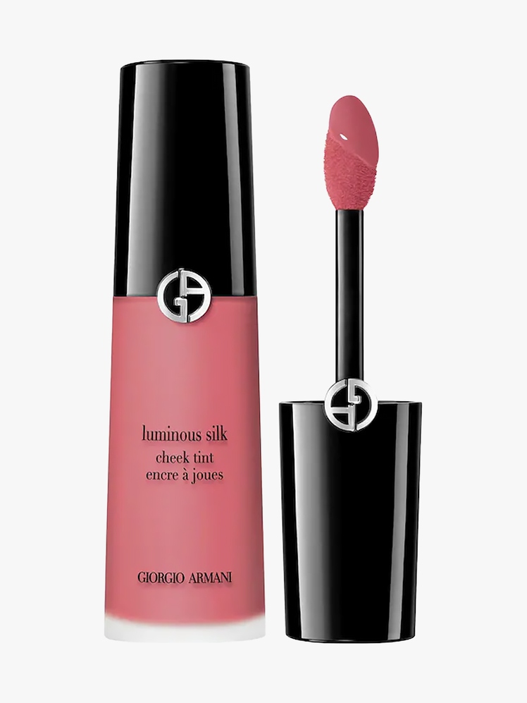 Armani Beauty Luminous Silk Cheek Tint branded component in Delicate Mauve with black cap and silver accents on a light gray background