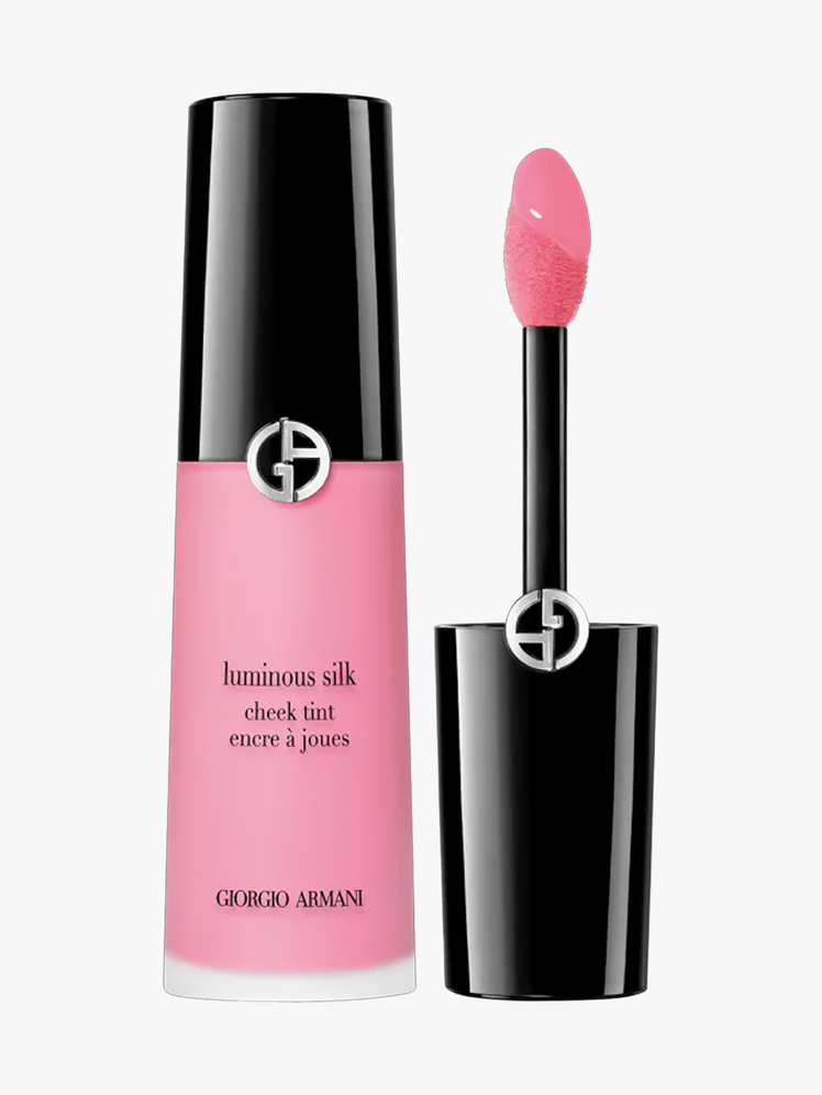 Armani Beauty Luminous Silk Cheek Tint in branded cool baby pink component with black cap and silver accents on a light gray background