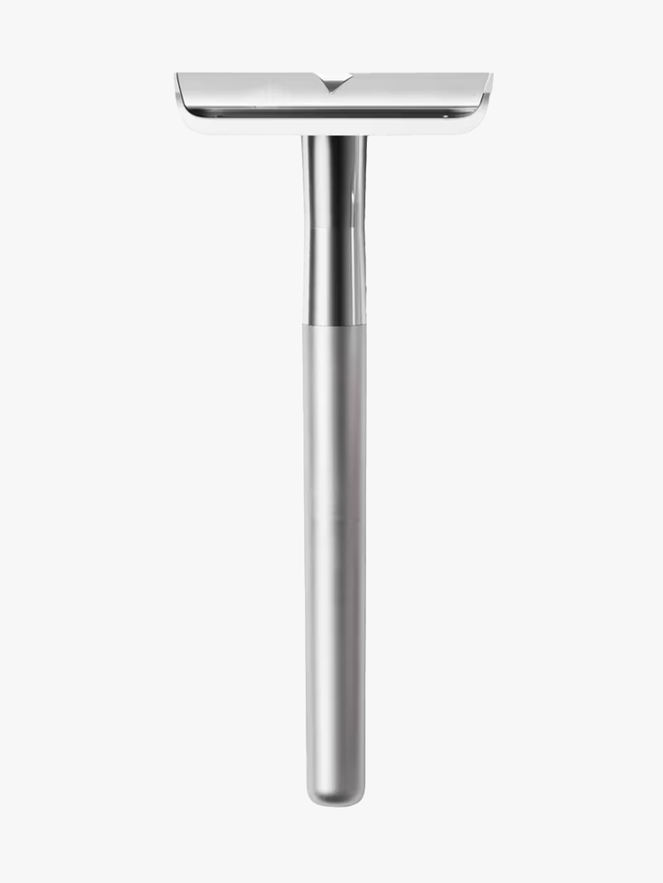 Bevel Single-Blade Safety Razor in silver metal color way on light gray background