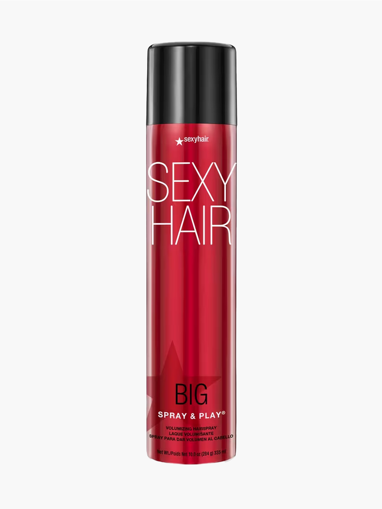 Big Sexy Hair Spray & Play Volumizing Hairspray in branded red and black aerosol bottle on light gray background