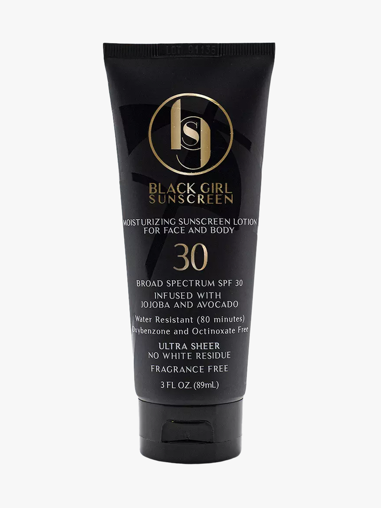 Black Girl Sunscreen Face & Body Moisturizing Sunscreen Lotion SPF 30 in branded black tube on light gray background