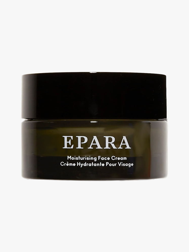 Epara Skincare Moisturizing Face Cream in transparent branded green jar with black lid on light gray background
