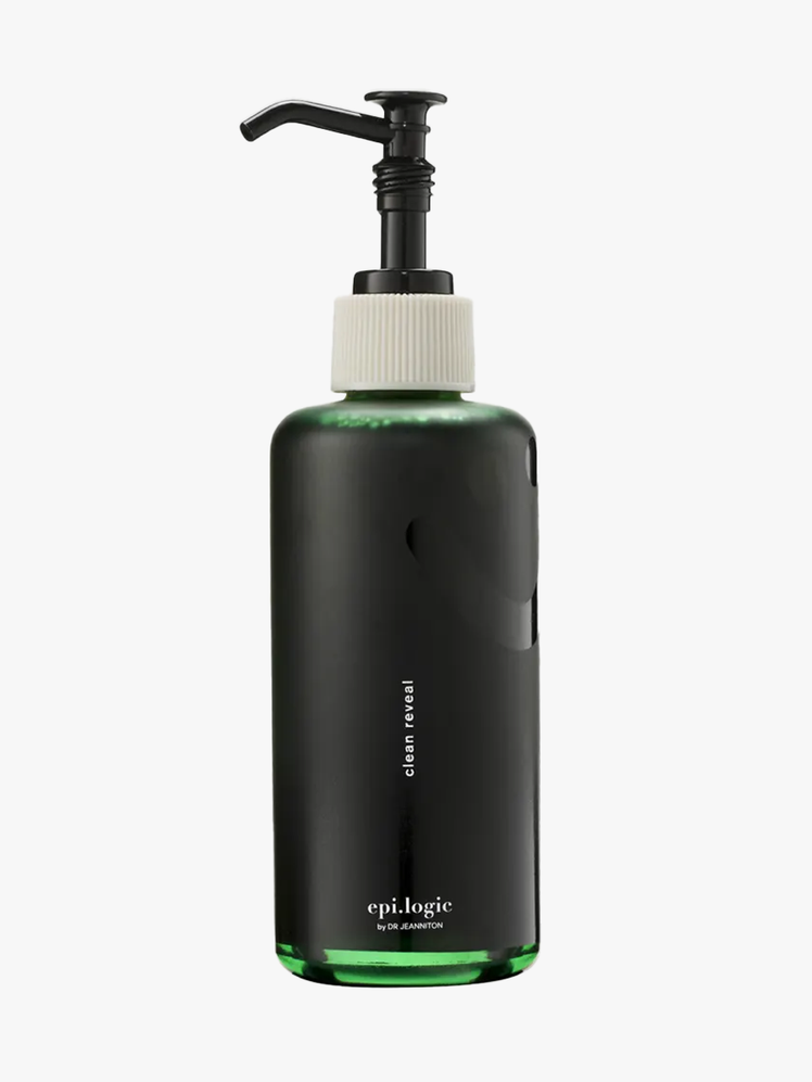 Epi.logic The Clean Reveal Glycolic and PHA Cleansing Gel in dark green bottle with pump on light gray background
