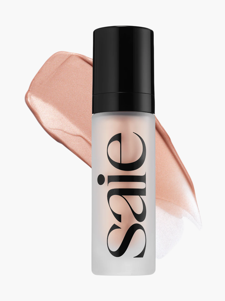 Glowy Super Gel in branded clear bottle with black cap on top of product swatch on light gray background