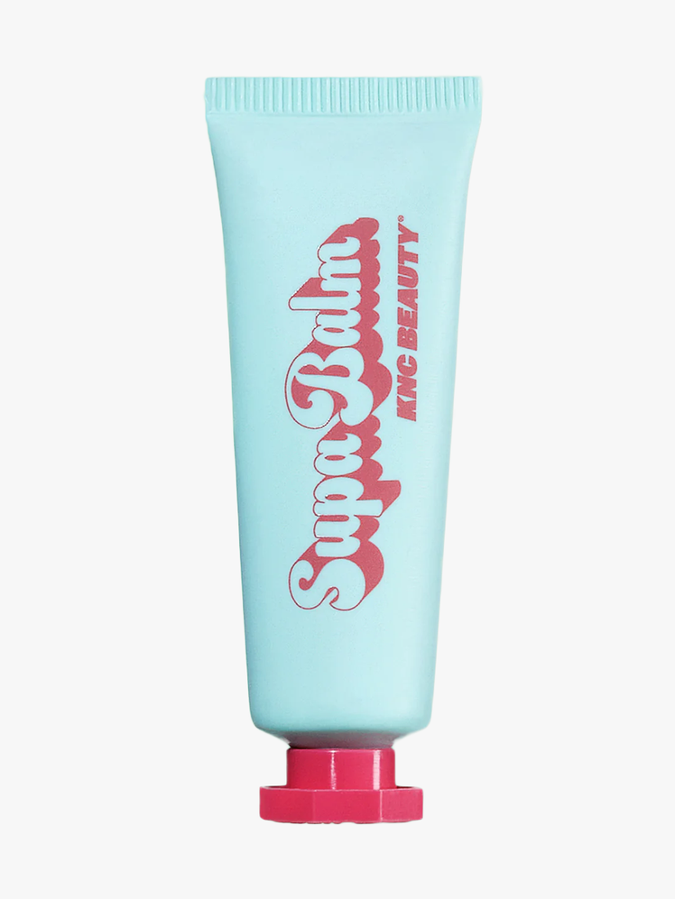 KNC Beauty Supa Balm Mint in aqua blue and pink branded tube on light gray background