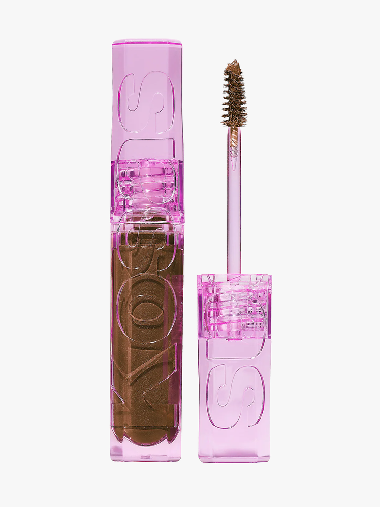 Kosas Air Brow Fluff & Hold Treatment Gel brown brow gel in clear tube with purple cap and wand to the side on light gray background