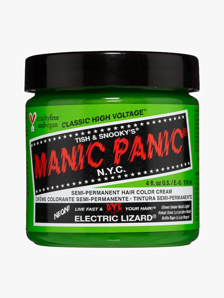 MANIC PANIC Electric Lizard Green Hair Dye branded tub component in green with black cap on a light gray background