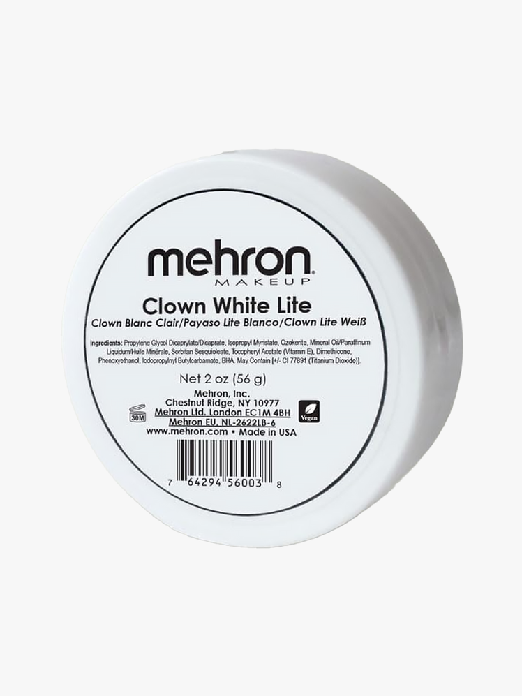 Mehron Makeup Clown White Lite branded tub component in white with black accents on a light gray background