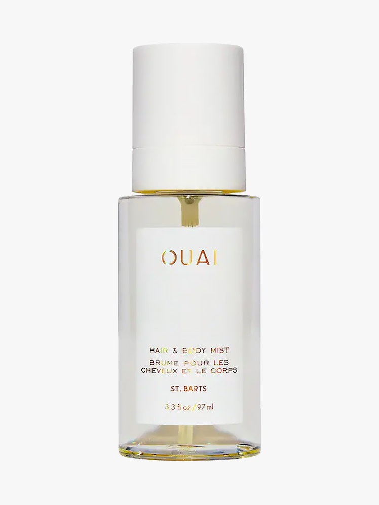 OUAI St. Barts Hair and Body branded Mist in clear bottle component on light gray background