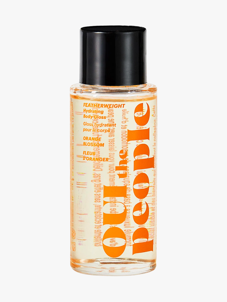 Oui the People Featherweight Hydrating Body Gloss in clear branded bottle with black cap on light gray background