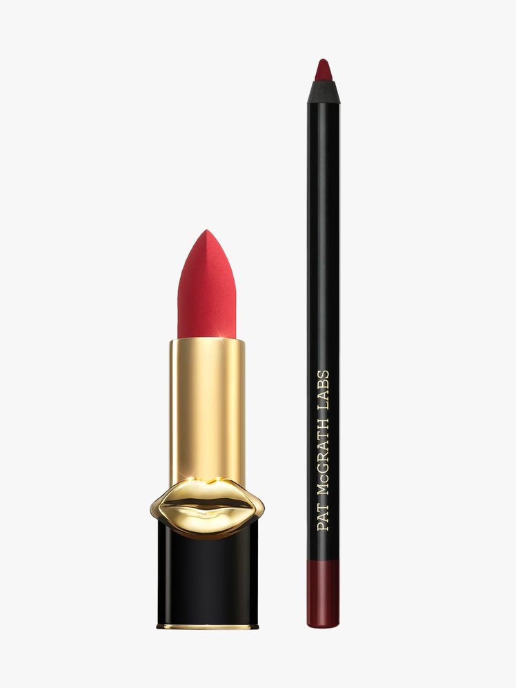 Pat McGrath “Taylor Made” Lip Kit with lip stick and lip pencil component on a light gray background