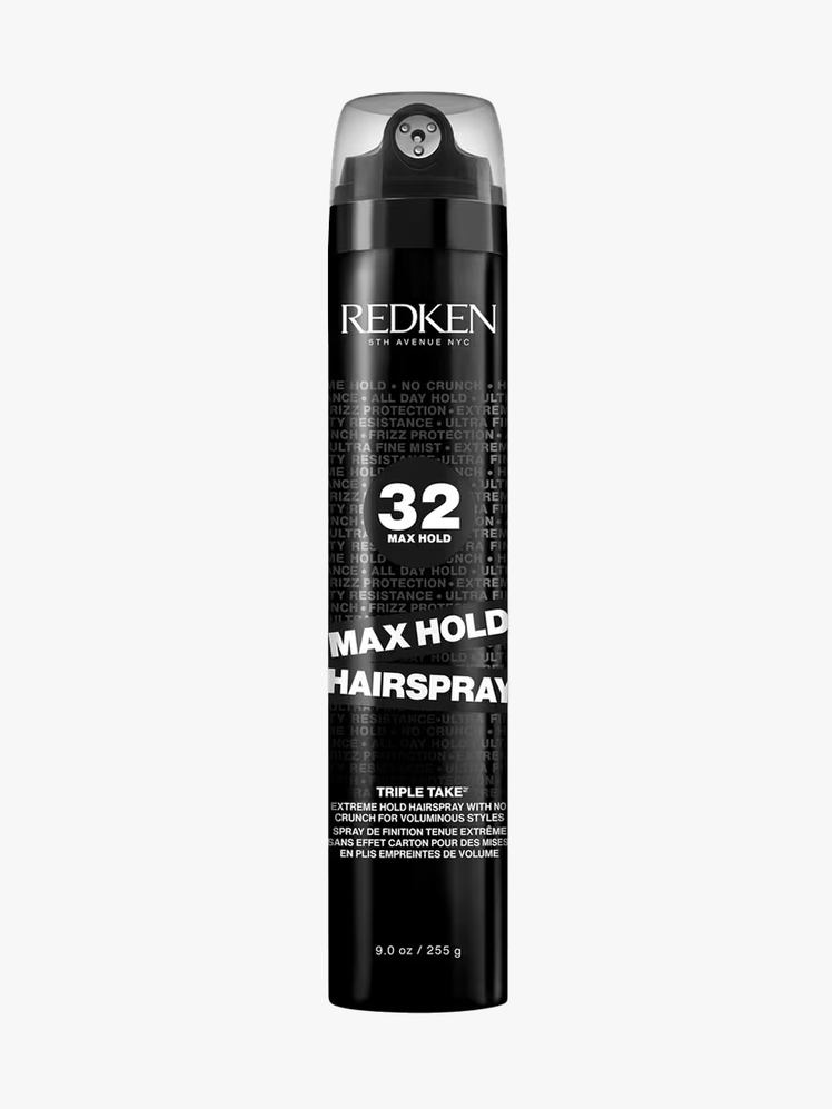 Redken Max Hold Hairspray component in branded black bottle with white accents and clear cap on a light gray background 