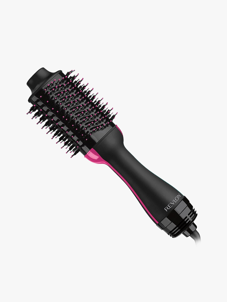REVLON One Step Volumizer Hair Dryer and Styler branded component in black with pink accents on a light gray background