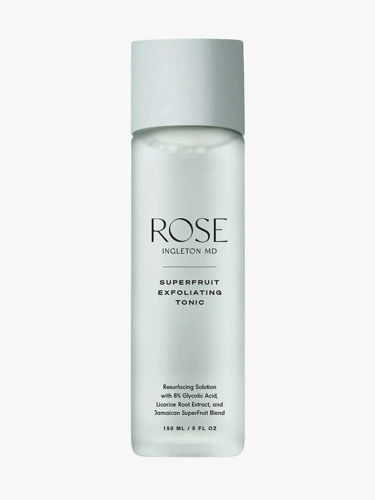 Rose Ingleton MD SuperFruit Exfoliating Tonic in light teal branded bottle with cap on light gray background 