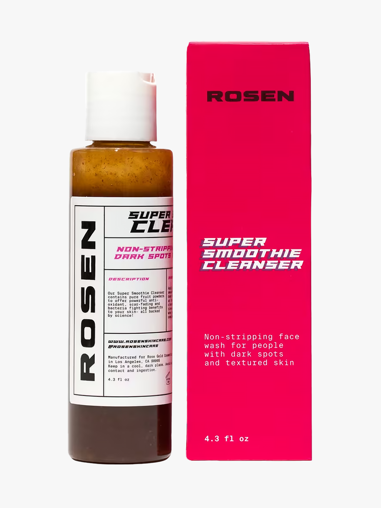 Rosen Super Smoothie Cleanser in clear branded bottle with white cap next to branded red box packaging on light gray background