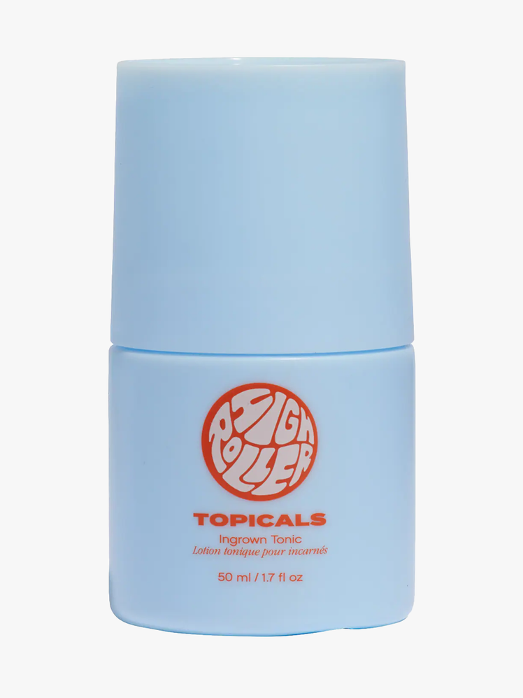 Topicals High Roller Ingrown Hair Tonic in branded blue bottle on light gray background
